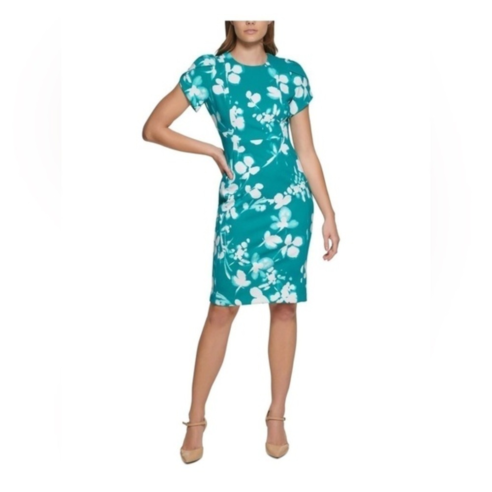 Calvin Klein Teal Floral Sheath Midi Dress with White Blooms
